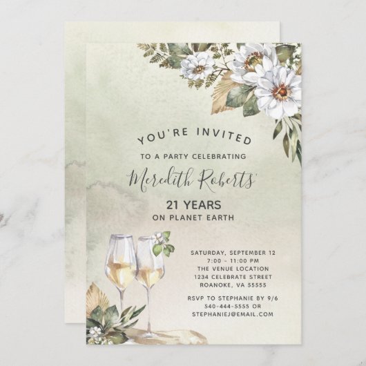 21歳の誕生日シャンパントーストホワイトセージフローラ 招待状 (正面/裏面)