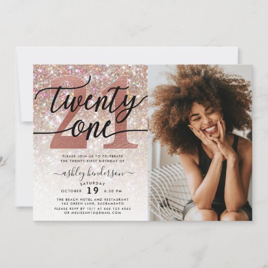 21歳の誕生日シャンパン輝き写真 招待状 (正面)