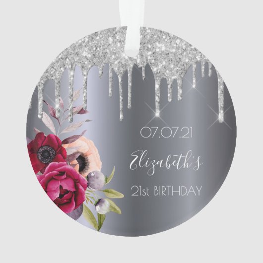 21歳の誕生日シルバーグリッターはフローラバーガンディを乾燥 オーナメント (裏面)