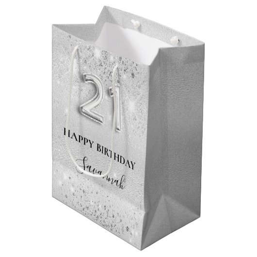21歳の誕生日シルバーグリッタースパークルズモノグラム ミディアムペーパーバッグ (正面アングル)