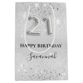 21歳の誕生日シルバーグリッタースパークルズモノグラム ミディアムペーパーバッグ