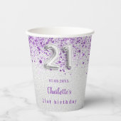 21歳の誕生日シルバーパープルグリッター名 紙コップ (正面)
