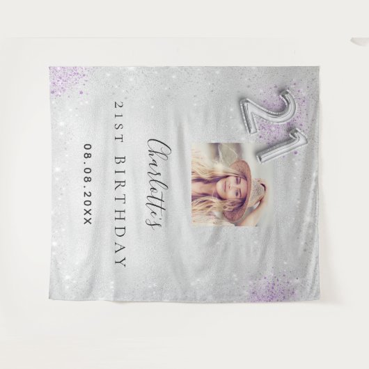 21歳の誕生日シルバーパープル写真グリッターへようこそ タペストリー (正面(横))