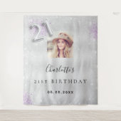 21歳の誕生日シルバーパープル写真グリッターへようこそ タペストリー (正面)
