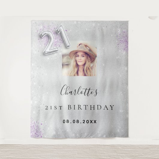 21歳の誕生日シルバーパープル写真グリッターへようこそ タペストリー (正面)