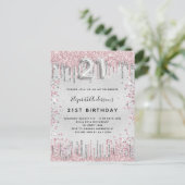 21歳の誕生日シルバーピンクの金属グリッターダスト インビテーションポストカード (スタンド正面)