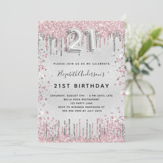 21歳の誕生日シルバーピンクの金属グリッターダスト 招待状 (スタンド正面)