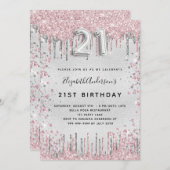 21歳の誕生日シルバーピンクの金属グリッターダスト 招待状 (正面/裏面)