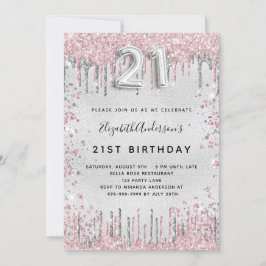 21歳の誕生日シルバーピンクの金属グリッターダスト 招待状