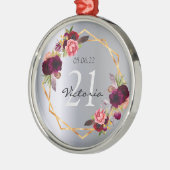 21歳の誕生日シルバー花模様幾何学的なブルゴーニュ メタルオーナメント (左)