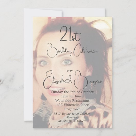 21歳の誕生日シンプルの写エレガント真 招待状 (正面)
