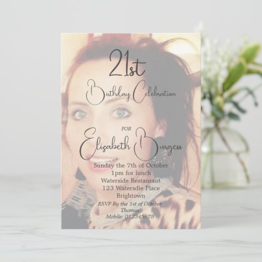 21歳の誕生日シンプルの写エレガント真 招待状 (スタンド正面)