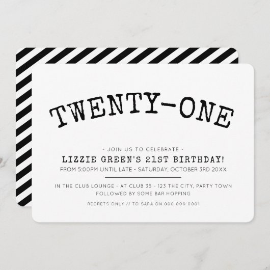 21歳の誕生日シンプルパーティーモダンブミニマルラック 招待状 (正面/裏面)