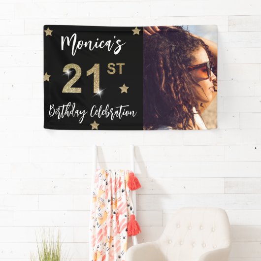 21歳の誕生日スターズ写真金ゴールドパーティーバナー 横断幕 (インサイチュ)