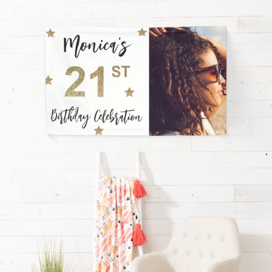 21歳の誕生日スターズ写真金ゴールドパーティーバナー 横断幕 (インサイチュ)