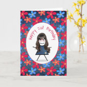 21歳の誕生日スティックガールとデイジーオンデニム カード (黄色い花)