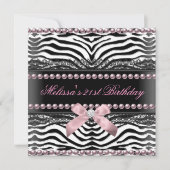 21歳の誕生日ゼブラピンクホワイトブラックレースパール 招待状 (正面)