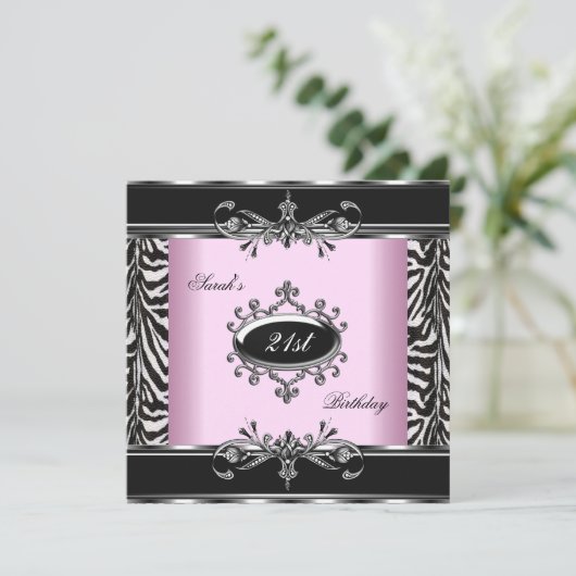 21歳の誕生日ゼブラ白黒ピンクシルバー 招待状 (スタンド正面)