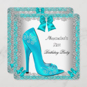 21歳の誕生日ターコイズブルーのハイヒール靴シルバーラ lace 招待状 (正面/裏面)