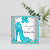 21歳の誕生日ターコイズブルーのハイヒール靴シルバーラ lace 招待状 (スタンド正面)