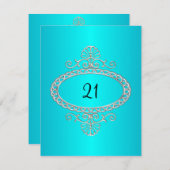 21歳の誕生日ターコイズ&シルバーメタル 招待状 (正面/裏面)