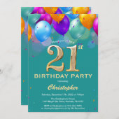 21歳の誕生日ティール(緑がかった色)と金ゴールド吹きカラフル出し 招待状 (正面/裏面)