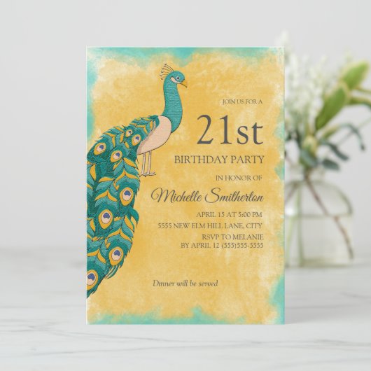21歳の誕生日ティール（緑がかった色）イエローウォーターカラーピーコック 招待状 (スタンド正面)