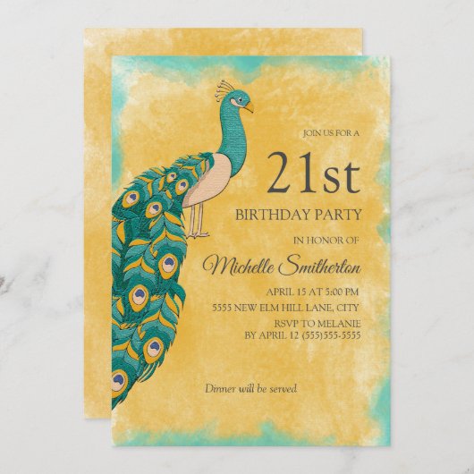 21歳の誕生日ティール(緑がかった色)イエローウォーターカラーピーコック 招待状 (正面/裏面)