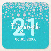21歳の誕生日ティール（緑がかった色）グリーングリッターダイヤモンド名 スクエアペーパーコースター (正面)
