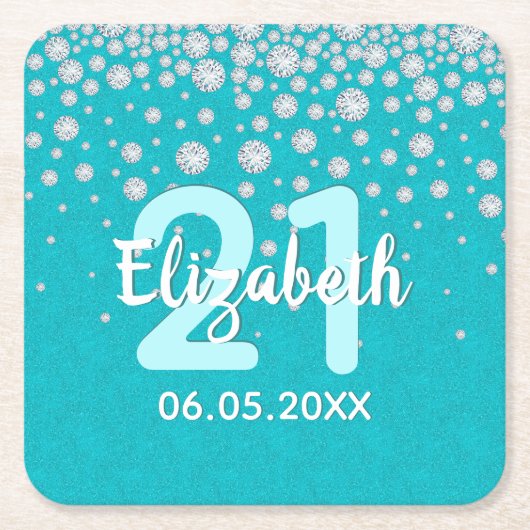 21歳の誕生日ティール（緑がかった色）グリーングリッターダイヤモンド名 スクエアペーパーコースター (正面)