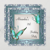 21歳の誕生日ティール(緑がかった色)フローラバタフライシルバーホワイト2 招待状 (正面/裏面)
