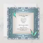 21歳の誕生日ティール(緑がかった色)フローラバタフライシルバーホワイト2 招待状 (裏面)