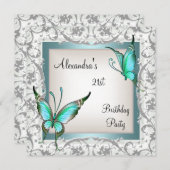 21歳の誕生日ティール(緑がかった色)フローラバタフライシルバーホワイト 招待状 (正面/裏面)