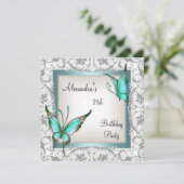 21歳の誕生日ティール(緑がかった色)フローラバタフライシルバーホワイト 招待状 (スタンド正面)