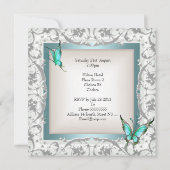 21歳の誕生日ティール(緑がかった色)フローラバタフライシルバーホワイト 招待状 (裏面)