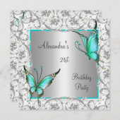 21歳の誕生日ティール（緑がかった色）フローラバタフライシルバーホワイト 招待状 (正面/裏面)