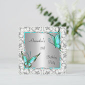 21歳の誕生日ティール（緑がかった色）フローラバタフライシルバーホワイト 招待状 (スタンド正面)