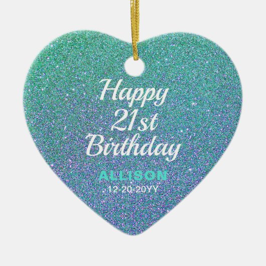 21歳の誕生日ティール（緑がかった色）ブルーグリッター パーソナライズされた セラミックオーナメント (正面)