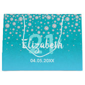 21歳の誕生日ティール（緑がかった色）ブルーグリーングリッターダイヤモンド ラージペーパーバッグ (正面)