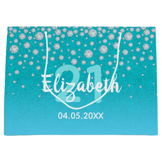 21歳の誕生日ティール（緑がかった色）ブルーグリーングリッターダイヤモンド ラージペーパーバッグ (正面)