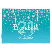 21歳の誕生日ティール（緑がかった色）ブルーグリーングリッターダイヤモンド ラージペーパーバッグ (裏面)