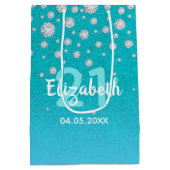 21歳の誕生日ティール（緑がかった色）ブルーグリーングリッターナムダイヤモンド ミディアムペーパーバッグ (裏面)