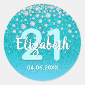 21歳の誕生日ティール（緑がかった色）ブルーグリーングリッター名ダイヤモンド ラウンドシール (正面)