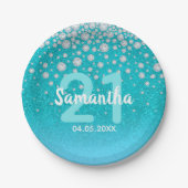 21歳の誕生日ティール（緑がかった色）ブルーグリーングリッター名 ペーパープレート (正面)