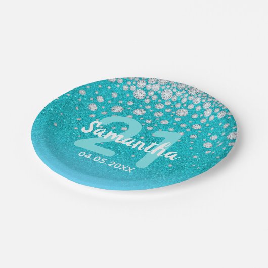 21歳の誕生日ティール（緑がかった色）ブルーグリーングリッター名 ペーパープレート (アングル)