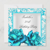 21歳の誕生日ティール（緑がかった色）ブルーフローラバラホワイト 招待状 (正面)