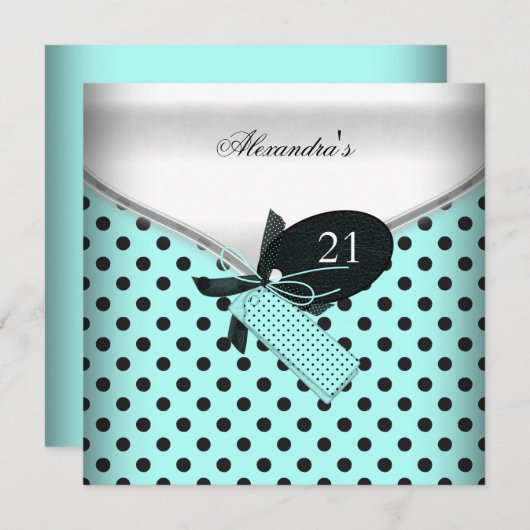 21歳の誕生日ティール(緑がかった色)白黒水玉模様ボウイメージ 招待状 (正面/裏面)