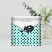 21歳の誕生日ティール（緑がかった色）白黒水玉模様ボウイメージ 招待状 (スタンド正面)