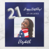21歳の誕生日ネイビーの青い白い写真 ワインラベル (シングルラベル)