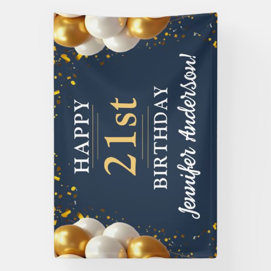 21歳の誕生日ネイビーブルーと金ゴールドお祝い 横断幕 (縦)